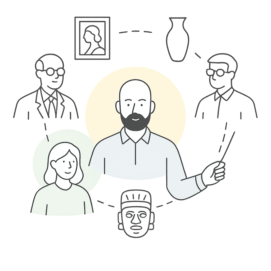 Autour de ce noyau, Luc, en tant que chef d’orchestre et maître de sa spécialité, collabore avec un réseau de partenaires reconnus, historiens de l’art, experts et curateurs, couvrant d’autres champs artistiques : arts décoratifs, arts modernes et contemporains, arts précolombiens…